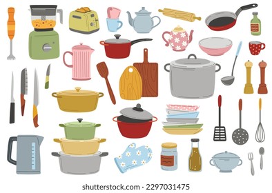 Kitchenware icons set. Stickers with teapots, blender, cutlery, plates and knives for kitchen. Utensils elements for cooking and eating. Cartoon flat vector collection isolated on white background