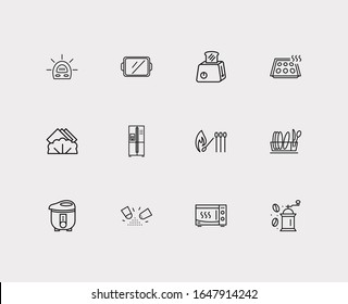 Kitchenware icons set. Timer and kitchenware icons with toaster, tray and fridge. Set of clean for web app logo UI design.