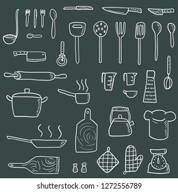 Kitchenware icons vector set. Cute kitchen utensils doodle hand drawn style.