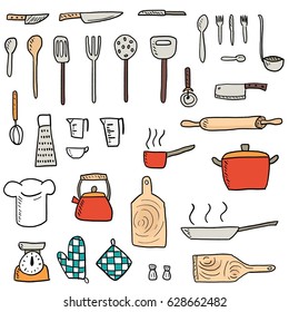 Kitchenware icons vector set. Cute kitchen utensils doodle hand drawn style.