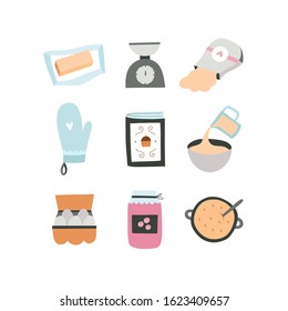 Kitchenware and ingredients for baking vector set. Food, cooking book and kitchen equipment on white background