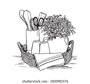Kitchenware.  Ink sketch isolated on white background. Hand drawn vector illustration. Retro style.