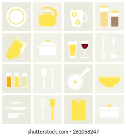 Kitchenware. Isolated kitchenware icons on background. Modern and classic kitchen stuff. White and yellow kitchenware. Kitchen tools. Flat style vector illustration. 