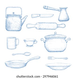 Kitchenware. Isolated on white background. Doodle image. Vector Image Stock.
