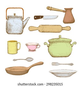 Kitchenware. Isolated on white background. Doodle image. Vector Image Stock.