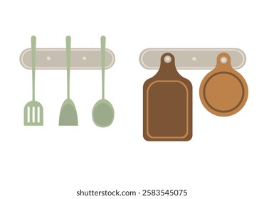 Kitchenware isolated on white. Cutting boards and spatulas hang on holders. Vector illustration in a flat style.