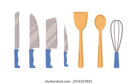 Kitchenware items set. Dishware for cooking and preparing food. Knives and mixer, wooden spoon. Graphic element for website. Cartoon flat vector collection isolated on white background