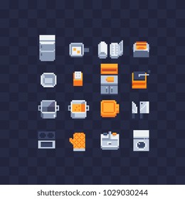 Kitchenware and kitchen appliances pixel art icon set isolated vector illustration 8-bit sprite video game assets. Kitchen utensils. Design for stickers, logo, embroidery, mobile app.