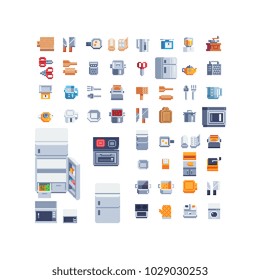 Kitchenware and kitchen appliances pixel art 80s style icons set isolated vector illustration 8-bit sprite video game assets. Kitchen utensils. Design for stickers, logo, embroidery, mobile app.