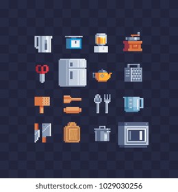 Kitchenware and kitchen appliances pixel art icon set isolated vector illustration 8-bit sprite video game assets. Kitchen utensils. Design for stickers, logo, embroidery, mobile app.