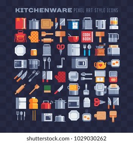 Kitchenware and kitchen appliances pixel art 80s style icons set isolated vector illustration 8-bit sprite video game assets. Kitchen utensils. Design for stickers, logo, embroidery, mobile app.