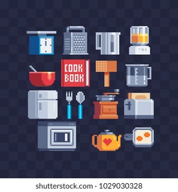 Kitchenware and and kitchen appliances pixel art icon set isolated vector illustration 8-bit sprite video game assets. Kitchen utensils. Design for stickers, logo, embroidery, mobile app.