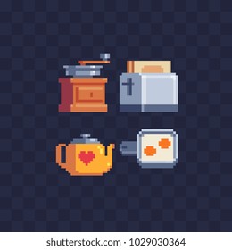 Kitchenware and kitchen appliances pixel art icon set coffee grinder, toaster, kettle and frying pan with eggs isolated vector illustration 8-bit sprite video game assets. Kitchen utensils.