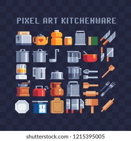 Kitchenware and kitchen appliances pixel art 80s style icons set isolated vector illustration 8-bit sprite video game assets. Kitchen utensils. Design for logo, app. Knife, grater, fork and spoon. 