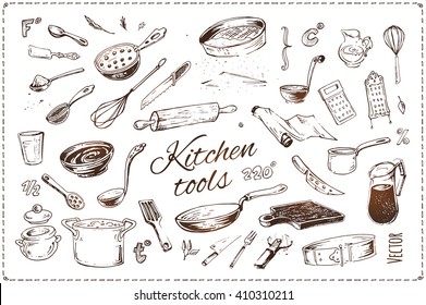 kitchenware. kitchen tools. hand-drawn ink icons and elements. cooking, menu design and recipe books. vintage style. isolated vector