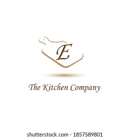 Kitchenware, Kitchen Utensils Business Logo Concept With Cutting Board Initial E Letter