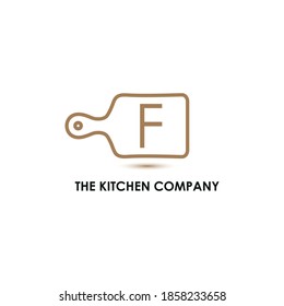 Kitchenware, Kitchen utensils business logo concept with cutting board and initial F letter template	