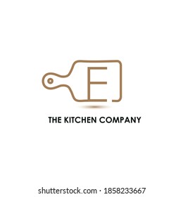 Kitchenware, Kitchen utensils business logo concept with cutting board and initial E letter template	