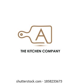 Kitchenware, Kitchen utensils business logo concept with cutting board and initial A letter template	