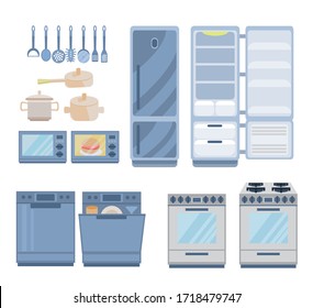 Kitchenware, Kitchen utensils. Collection of home appliances icons. Vector set of refrigerator, microwave, dishwasher, gas stove and utensils.Vector illustration in flat style.