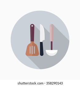 Kitchenware knife,spatula,spoon flat  icon with long shadow,circle,eps10,interface,button