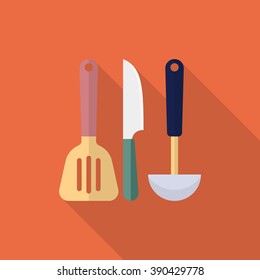 Kitchenware knife,spatula,spoon flat  icon with long shadow,circle,eps10,interface,button