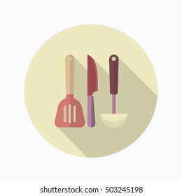 Kitchenware knife,spatula,spoon flat  icon with long shadow,circle,eps10,interface,button