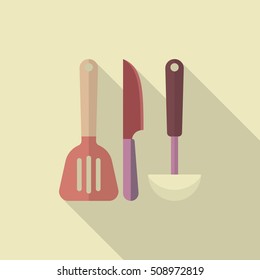 Kitchenware knife,spatula,spoon flat  icon with long shadow,circle,eps10,interface,button