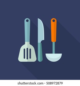 Kitchenware knife,spatula,spoon flat  icon with long shadow,circle,eps10,interface,button