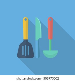 Kitchenware knife,spatula,spoon flat  icon with long shadow,circle,eps10,interface,button