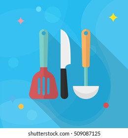 Kitchenware knife,spatula,spoon flat  icon with long shadow,circle,eps10,interface,button