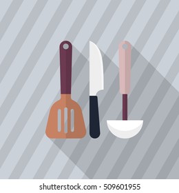 Kitchenware knife,spatula,spoon flat  icon with long shadow,circle,eps10,interface,button