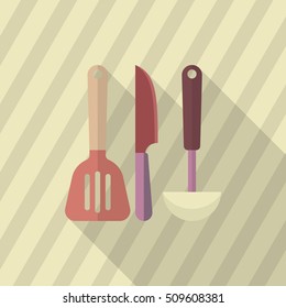 Kitchenware knife,spatula,spoon flat  icon with long shadow,circle,eps10,interface,button