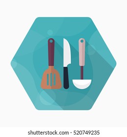 Kitchenware knife,spatula,spoon flat  icon with long shadow,circle,eps10,interface,button