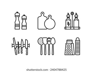 Icono de línea de cocina - molino de pimienta, tabla de corte, aceite de semillas, cuchillos de cocina, utensilios, rallador. Ilustraciones lineales concepto culinario. Accidente cerebral editable, trazo delgado. 