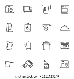 Kitchenware line icons set, kitchen utensils outline vector symbol collection, linear style pictogram pack. Signs, logo illustration. Set includes icons as coffee machine, microwave oven, gas stove