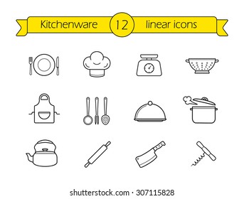 Kitchenware line icons set. Restaurant cooking utensils items. Kitchen equipment linear illustration. Vector outline drawings objects isolated on white