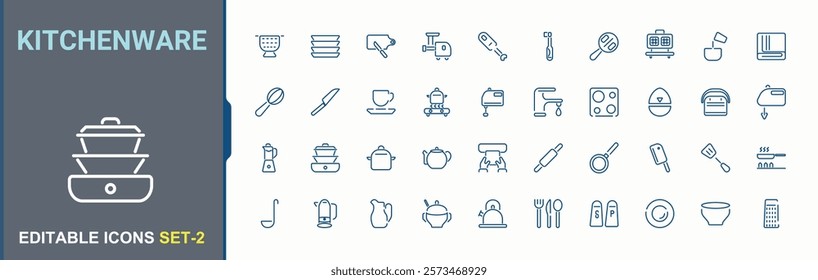 Kitchenware linear icon collection. Related to chef, dinner, graphic, pot, microwave, cup, spoon and more. Thin outline icons pack. Vector icons editable stroke.