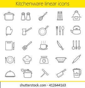 Kitchenware linear icons set. Kitchen tools and appliances thin line contour symbols. Household cooking utensil. Tea and coffee items. Restaurant chefs equipment. Isolated vector illustrations