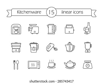 Kitchenware linear icons set. Line art kitchen equipment. Vector