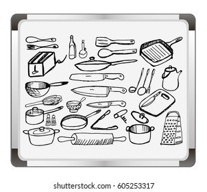 Kitchenware on flip chart background. Hand drawn. Vector illustration.
