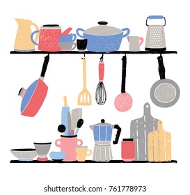 Kitchenware on shelf. Hand drawn vector illustration on white background.