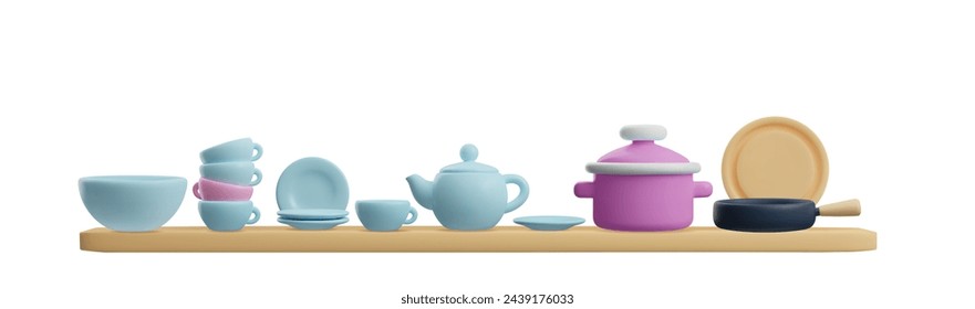 Utensilios de cocina en el estante ilustración vectorial 3D. Dibujos animados representan tazas azules y rosas, tazón, platos, tetera, sartén y olla de cocina. Utensilios de cocina para la preparación de alimentos aislados en blanco