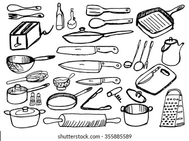 Kitchenware on white background. Hand drawn. Vector illustration.