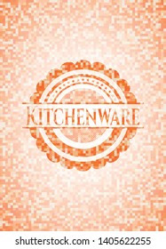 Kitchenware orange tile background illustration. Square geometric mosaic seamless pattern with emblem inside.