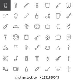 Kitchenware outline icons set. linear style symbols collection, line signs pack vector graphics. Set includes icons as Blender, Bottle Opener, Knife, Cauldron, Cezve, Chef hat, Chopping board, Cleaver
