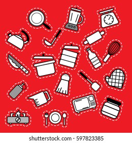 Kitchenware outline icons for tools and appliances equipment isolated vector illustrations on red background