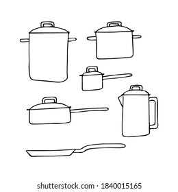 Kitchenware, pans line set of doodle elements. Stock vector illustration.