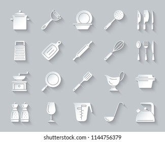 Kitchenware paper cut art icons set. Sign kit of cookware. Dishware pictogram collection includes egg beater, grater, peeler. Simple kitchen ware vector paper carved icon shape. Material design symbol