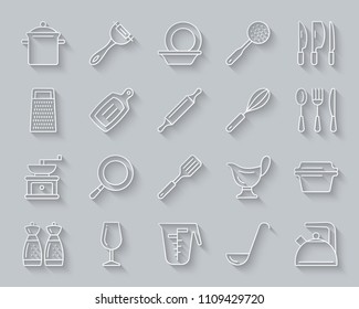 Kitchenware paper cut line icons set. 3D sign kit of cookware. Dishware linear pictogram collection includes egg beater, grater, peeler. Simple kitchenware vector carved icon. Material design symbol